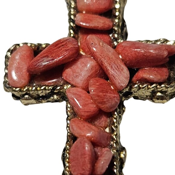 Elegant Coral Stone Cross Pendant Ornate Gold Tone Metalwork Religious Spiritual - Picture 2 of 4